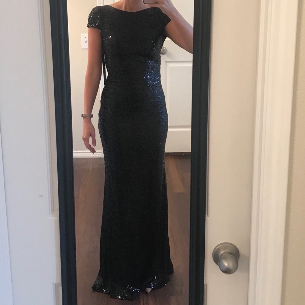 Badgley Mischka black sequin cowl back gown dress - Picture 5 of 9